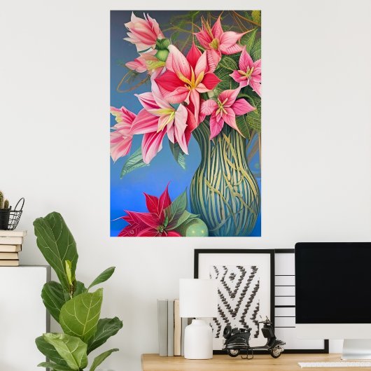 Roze gestreept Amaryllis en Poinsettia Bouquet Poster (Thuiskantoor)