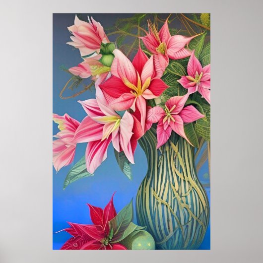 Roze gestreept Amaryllis en Poinsettia Bouquet Poster (Voorkant)