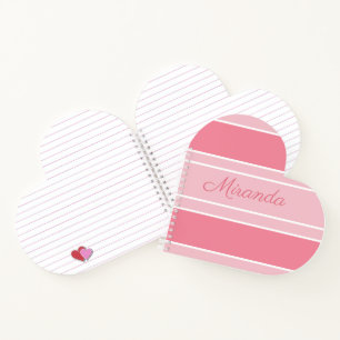 Roze gestreept Jouw naam Modern Heart Shaped Notitieboek