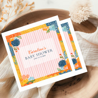 Roze gestreepte bloemachtige baby shower servet