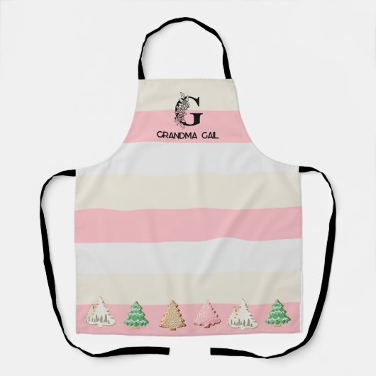Roze Gestreepte Bloemen Monogram Kerstkoekje Schort (Voorkant)
