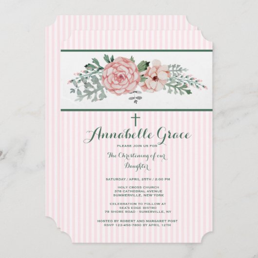 Roze gestreepte bloemen uitnodiging (Voorkant / Achterkant)