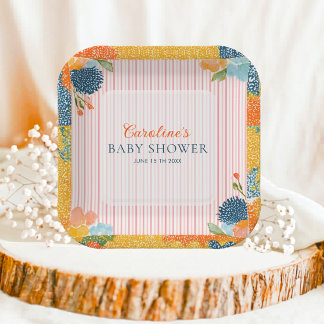 Roze gestreepte bloemetjes Baby in Bloom Baby Show Papieren Bordje