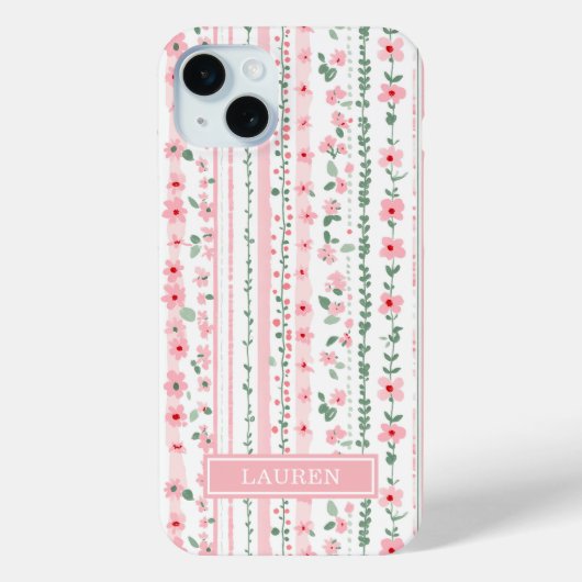Roze gestreepte bloemige gepersonaliseerde Case-Mate iPhone case (Achterkant)