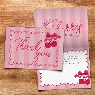 Roze gestreepte Cherry Baby shower Flat Bedankkaart
