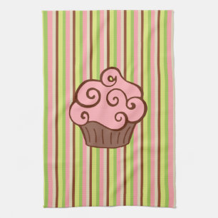 Roze Gestreepte Cupcake Keukenhanddoek