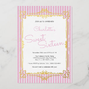 Roze gestreepte glamour prinses Sweet 16-feest Folie Uitnodiging