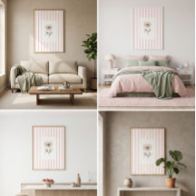 Roze gestreepte muurkunstprint met waterverf roos
