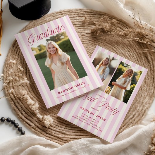Roze Gestreepte Preppy Afstuderen Kaart