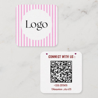 Roze gestreepte QR-code-visitekaartje | Aangepast Vierkante Visitekaartje