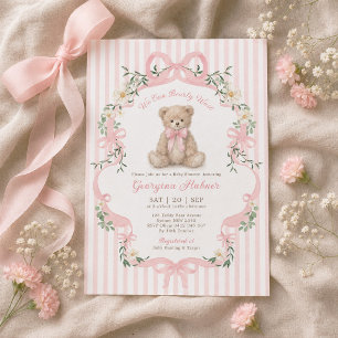 Roze Gestreepte Teddybeer Meisje Baby Shower Kaart