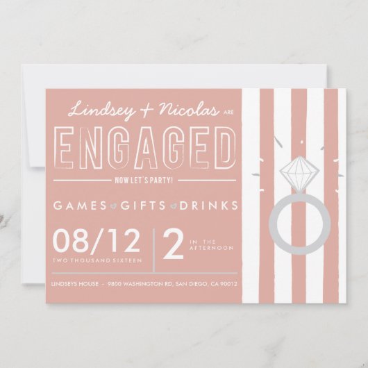 Roze gestreepte verlovingsfeest uitnodiging (Voorkant)