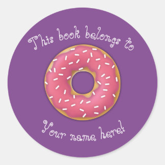 Roze gestrooide donut boekenplaat ronde sticker