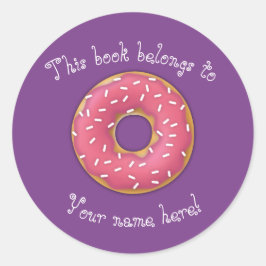 Roze gestrooide donut boekenplaat ronde sticker
