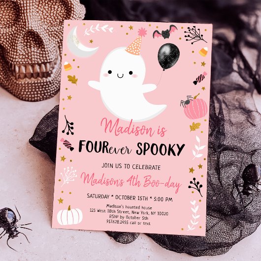 Roze Ghost FOUR-ever Spooky Birthday Kaart