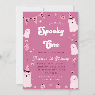 Roze Ghost Groovy Spooky One Girl 1st Birthday Kaart