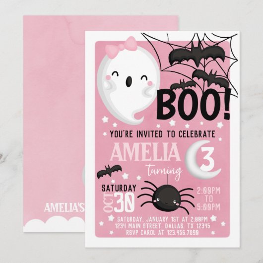 Roze Ghost Halloween Birthday Party Invitation Kaart (Voorkant / Achterkant)