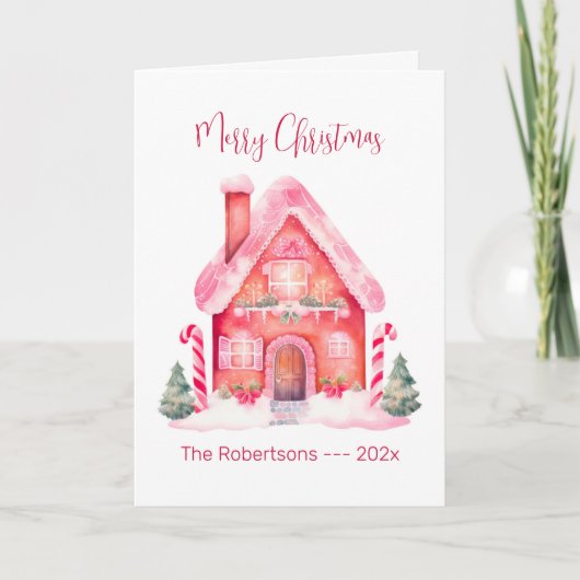 Roze Gingerbread Huis Kerst Kaart (Voorkant)