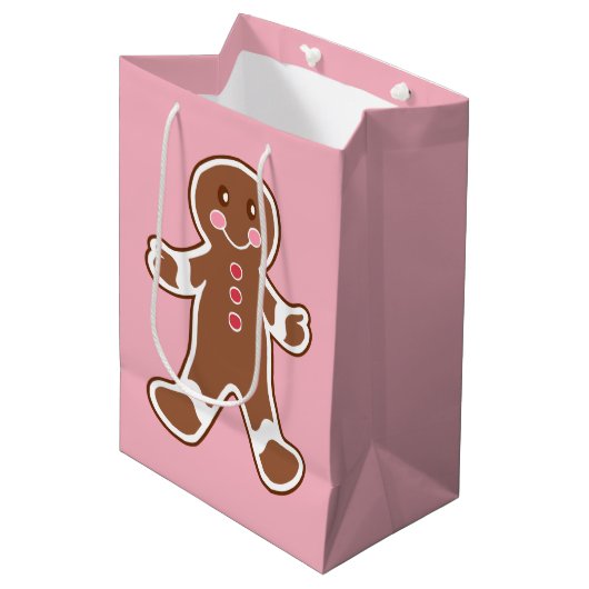 Roze Gingerbread Kerst Gift Bag Medium Cadeauzakje (Voorkant Gekanteld)
