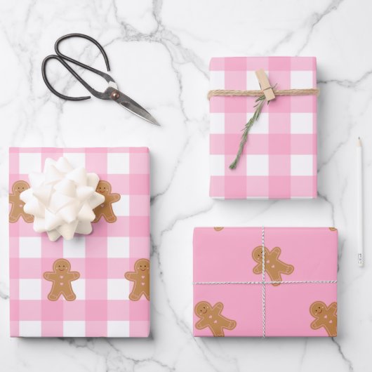 Roze Gingerbread Wrapping Paper Set van 3 (Voorkant)