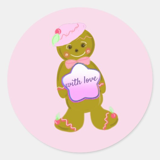 Roze Gingerbrood Man Round Sticker (Voorkant)