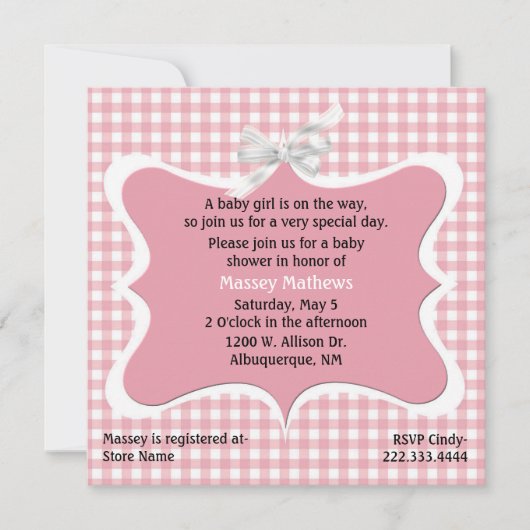 Roze Gingham Aangepaste Baby shower Uitnodiging (Voorkant)