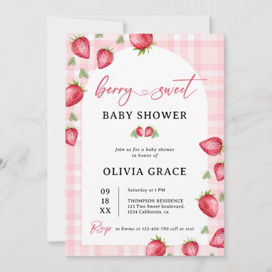 Roze Gingham Aardbei Baby Shower Feest Kaart (Voorkant)