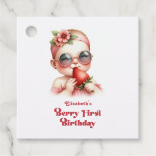 Roze Gingham & Aardbei Eerste Verjaardag Bedankjes Labels