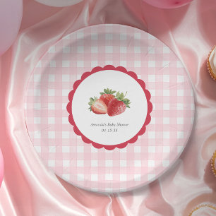 Roze Gingham-Aardbei thema Meisje Baby Shower Papieren Bordje