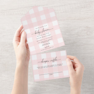 Roze gingham alle in één baby shower uitnodiging