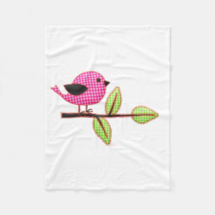 Roze Gingham Baby Bird Embroidery Leaves Fleece Deken