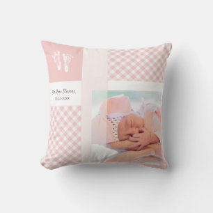 Roze Gingham Baby Foto Geboorteaankondiging Kussen
