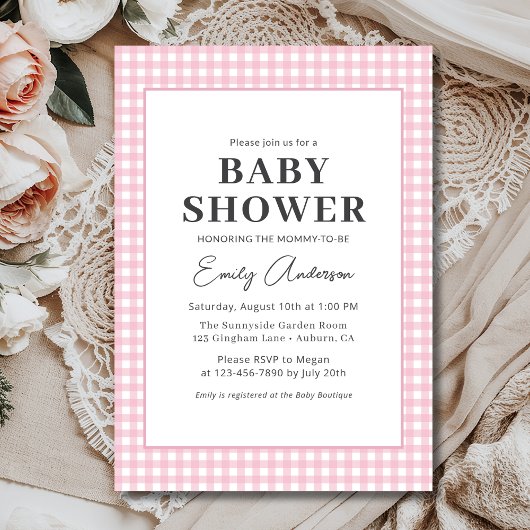 Roze Gingham Baby Meisje Shower Kaart