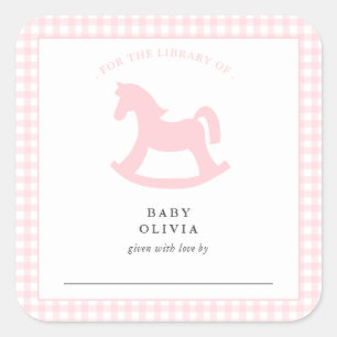 Roze Gingham baby meisje voor de bibliotheek Boekp Vierkante Sticker