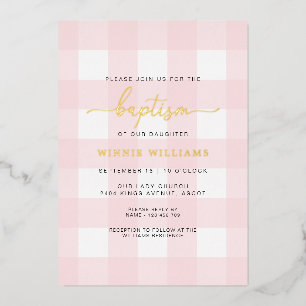 Roze Gingham Baptism Gold Foil uitnodiging
