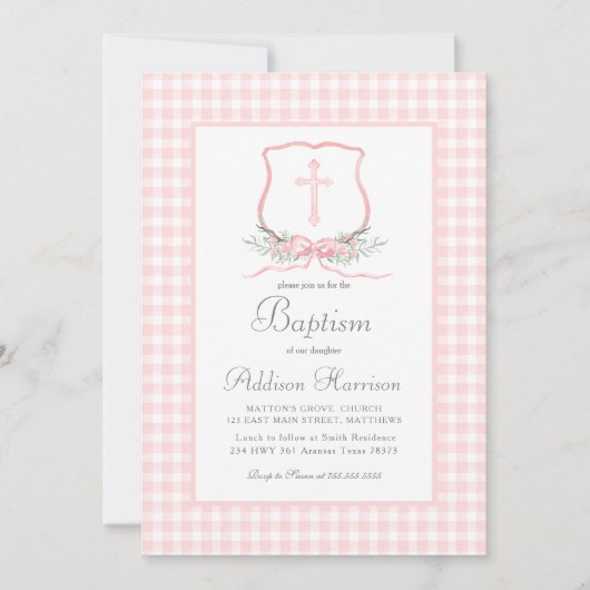 Roze Gingham Baptisme uitnodiging, meisje Baptism Kaart (Voorkant)
