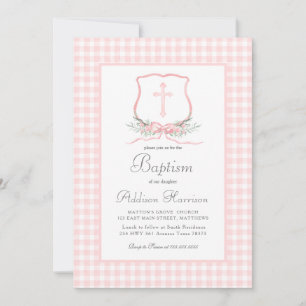 Roze Gingham Baptisme uitnodiging, meisje Baptism Kaart