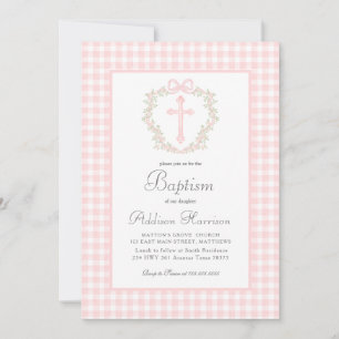 Roze Gingham Baptisme uitnodiging, meisje Baptism Kaart