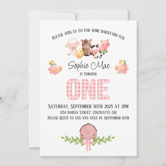 Roze Gingham Barnyard Eerste Verjaardag Uitnodigin Kaart (Voorkant)