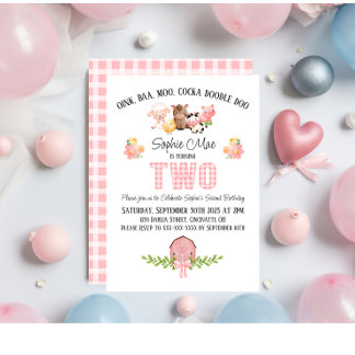 Roze Gingham Barnyard Tweede verjaardag uitnodigin Kaart