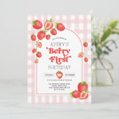 Roze Gingham Berry Eerste aardbei 1e verjaardag Kaart (Staand voorkant)