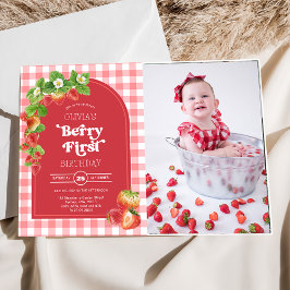 Roze Gingham Berry Eerste aardbei 1e verjaardag Kaart