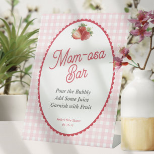 Roze Gingham Berry Sweet, Strawberry Mom-osa Bar Reclamebord Met Voetstuk
