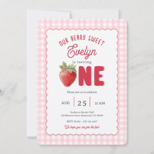Roze Gingham Bes Eerste Aardbei Thema Kaart