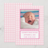 Roze Gingham Birth Announcement Card Aankondiging (Voorkant / Achterkant)