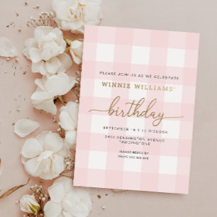 Roze Gingham Birthday Gold Foil Uitnodiging