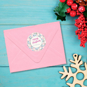 Roze Gingham Blauwe Vintage Kerstwagen Ronde Sticker