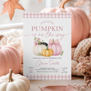 Roze Gingham Bloemen Pompoen Baby Shower Uitnodigi Kaart