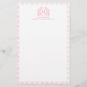 Roze Gingham Bloemenkroon Monogram Briefpapier