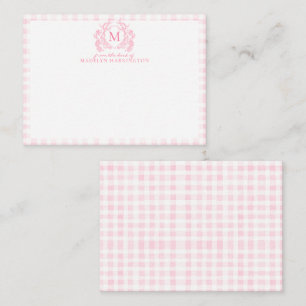 Roze Gingham Bloemenkroon Monogram Notitiekaartje